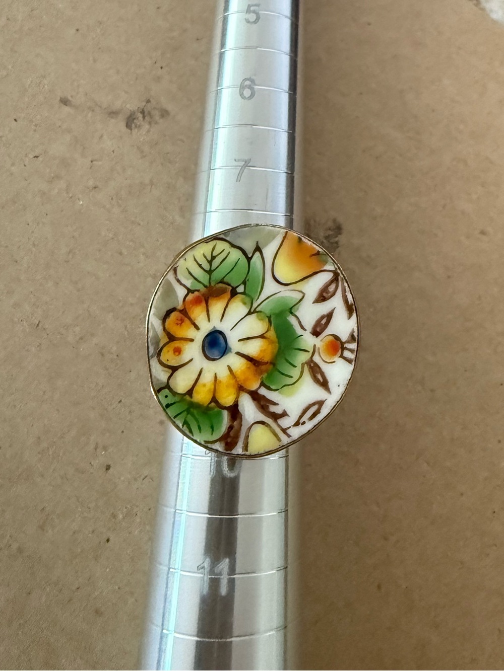 Hand-Painted Floral Brass Enamel Ring in Yellow, Green & White